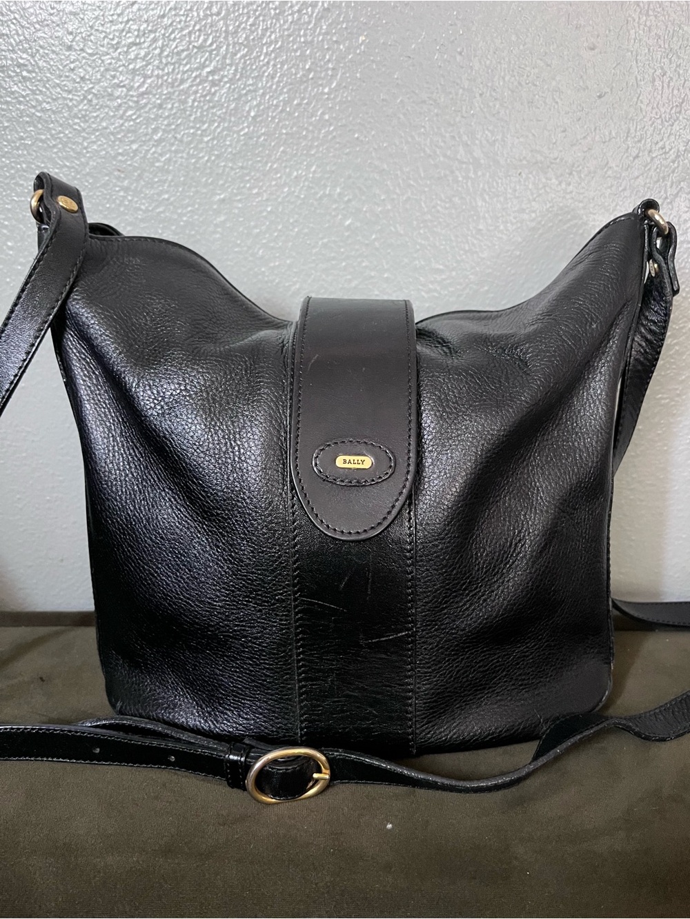 Bally Black Pebbled Leather Shoulder Bag with Gold Accents